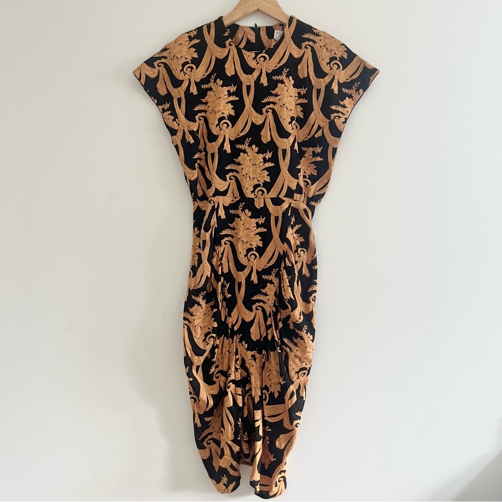 Vintage Eloquence Gold Damask Print Black Bodycon Dress 80s90s Ruffled Sides 5/6